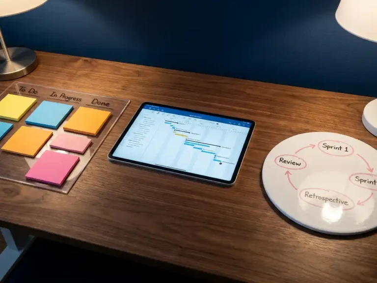 Holzschreibtisch mit drei Projektplanungsmethoden: bunte Haftnotizen als Kanban-Board, Tablet mit Gantt-Diagramm und Whiteboard mit agilen Sprint-Zyklen in Rosa