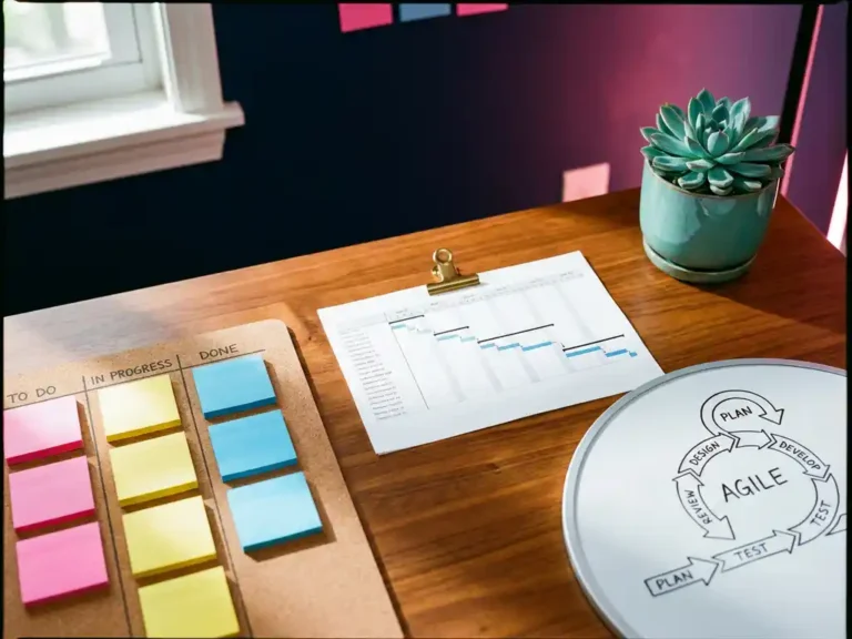 Holzschreibtisch mit drei Projektplanungsmethoden: bunte Haftnotizen als Kanban-Board, Gantt-Diagramm und Agile-Sprint-Kreis bei natürlichem Licht