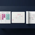 Moderner Schreibtisch mit drei Projektplanungsmethoden: Kanban-Board mit bunten Haftnotizen, Kalenderraster und Zeitstrahl auf weißem Papier, Draufsicht auf dunkelblauer Oberfläche