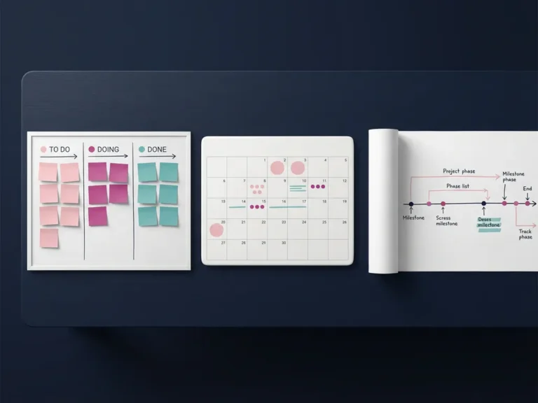 Moderner Schreibtisch mit drei Projektplanungsmethoden: Kanban-Board mit bunten Haftnotizen, Kalenderraster und Zeitstrahl auf weißem Papier, Draufsicht auf dunkelblauer Oberfläche