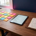 Holzschreibtisch mit drei Projektplanungsmethoden: bunte Haftnotizen, digitales Tablet mit Aufgabenlisten und handgeschriebenes Notizbuch bei natürlichem Licht