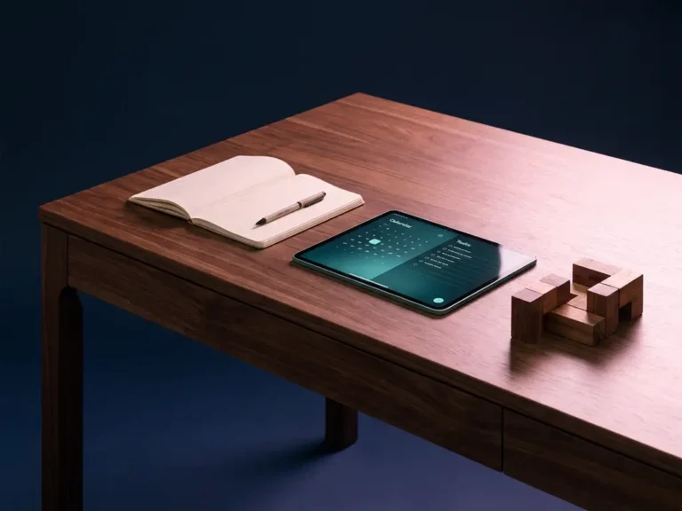 Holzschreibtisch mit Notizbuch, Tablet und Holzpuzzle-Block für Projektplanung, marineblaue Beleuchtung
