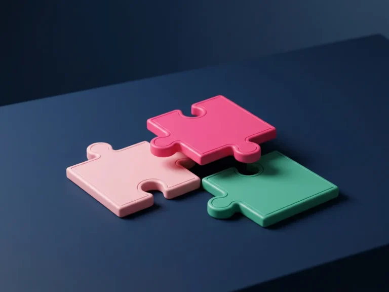 Drei ineinandergreifende geometrische Puzzleteile in Rosa- und Türkistönen auf dunklem Schreibtisch mit minimalistischem Design