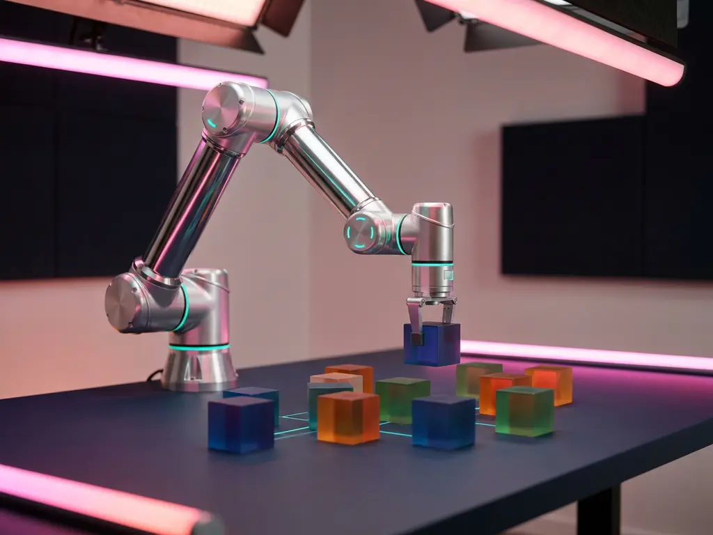 Roboterarm aus Chrom ordnet bunte geometrische Workflow-Blöcke auf dunklem Arbeitsplatz mit rosa und türkiser Beleuchtung