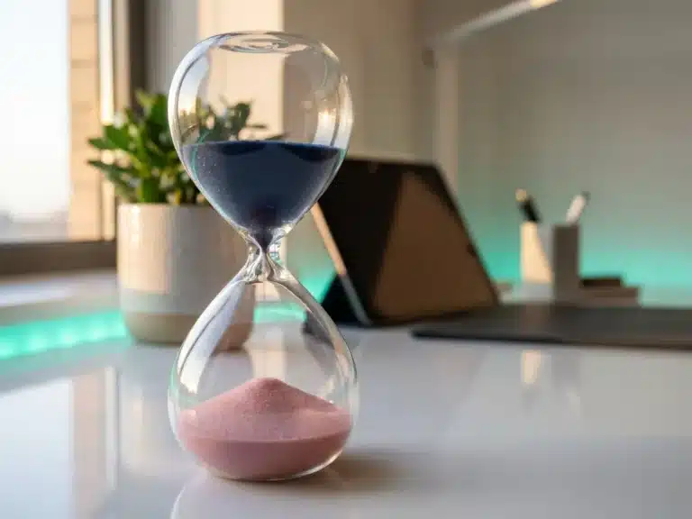 Moderne Sanduhr mit marineblauem Sand oben und rosa Sand unten auf weißem Schreibtisch im Büro mit Teal-Beleuchtung