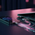 Smartphone mit leuchtender Stoppuhr-Anzeige verbunden mit modernem Laptop durch glühende Datenströme auf dunkler Oberfläche