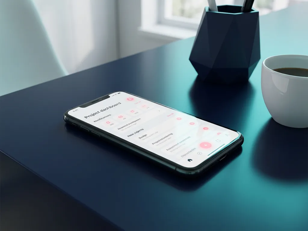 Smartphone mit sauberem Projekt-Dashboard auf dunkler Oberfläche, rosa Benachrichtigungen, weiße Kaffeetasse und Stiftehalter