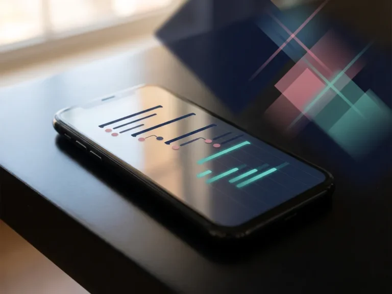 Smartphone mit minimalistischer Projekt-Timeline-App auf dunkler Oberfläche mit geometrischen Formen und modernen Akzentfarben