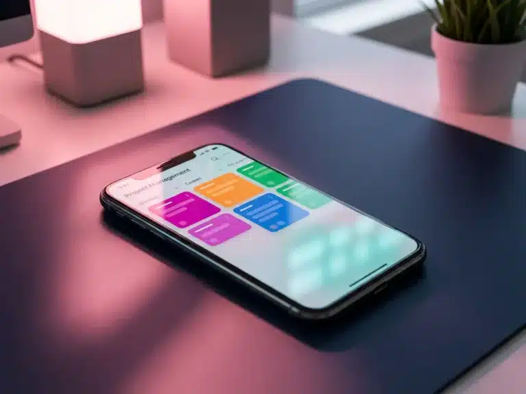 Smartphone mit buntem Projektboard und Aufgabenkarten auf dunklem Schreibtisch mit rosa Beleuchtung