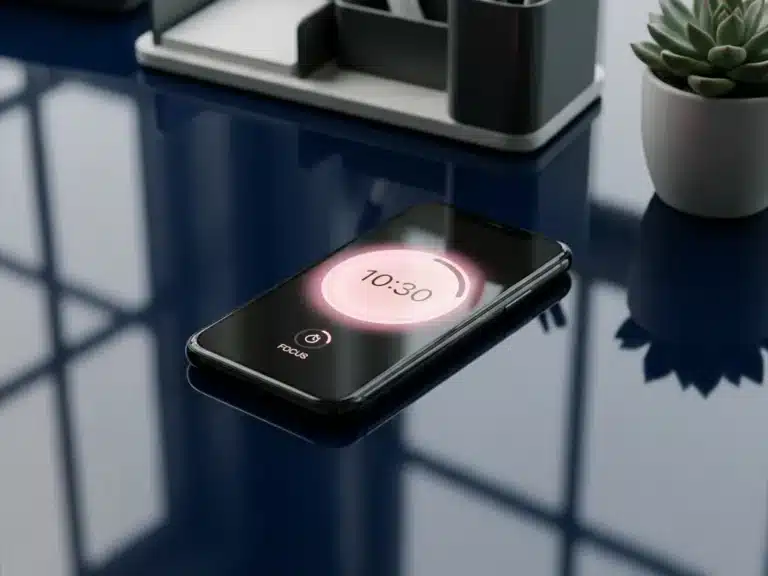 Smartphone mit minimalistischer Zeiterfassungs-App auf dunkler Oberfläche, rosa Akzente auf dem Bildschirm