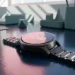Moderne Smartwatch mit leuchtender Zeitanzeige auf dunkelblauem Schreibtisch, rosa Umgebungslicht und türkise Akzente im Hintergrund