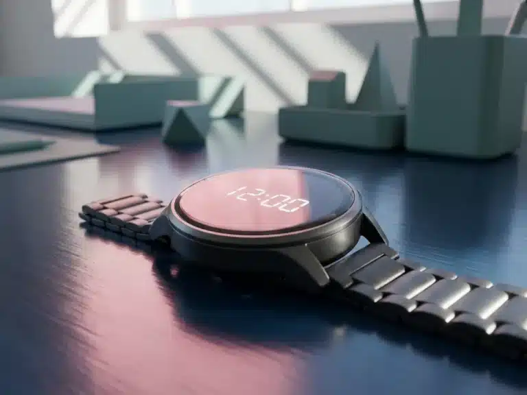 Moderne Smartwatch mit leuchtender Zeitanzeige auf dunkelblauem Schreibtisch, rosa Umgebungslicht und türkise Akzente im Hintergrund