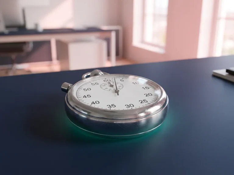 Analoge Stoppuhr mit Chromoberfläche auf dunkelblauem Schreibtisch, rosa Ambientelicht und türkisem Schimmer darunter