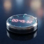 Moderne Stoppuhr mit Chromoberfläche auf dunkler Marineblauer Fläche, rosa Ziffern und türkisfarbene Akzente