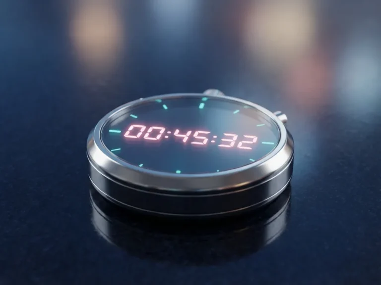 Moderne Stoppuhr mit Chromoberfläche auf dunkler Marineblauer Fläche, rosa Ziffern und türkisfarbene Akzente