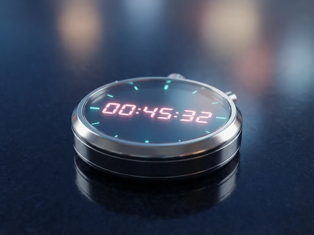 Moderne Stoppuhr mit Chromoberfläche auf dunkler Marineblauer Fläche, rosa Ziffern und türkisfarbene Akzente