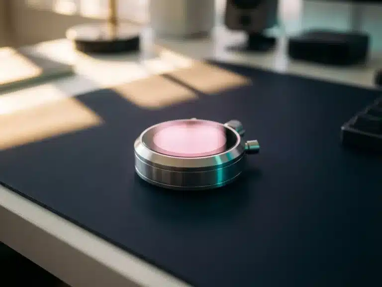 Moderne Stoppuhr mit Metallgehäuse auf dunklem Schreibtisch, rosa Beleuchtung und türkise Reflexionen