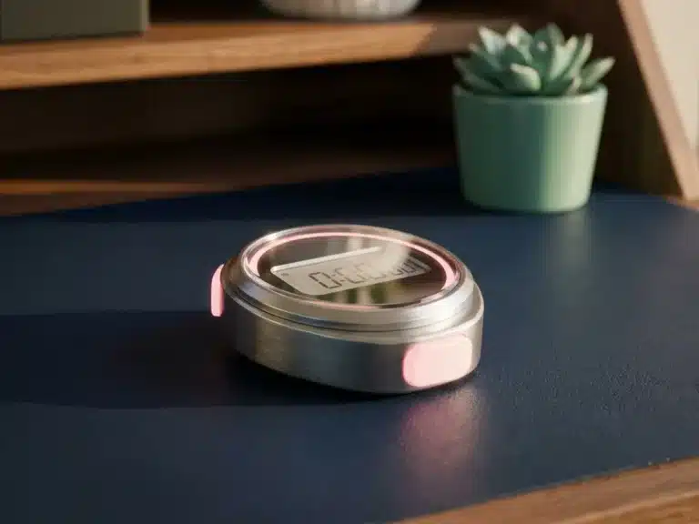 Moderne Stoppuhr mit rosa Akzenten auf dunkelblauem Schreibtisch neben türkiser Pflanze bei warmem Licht