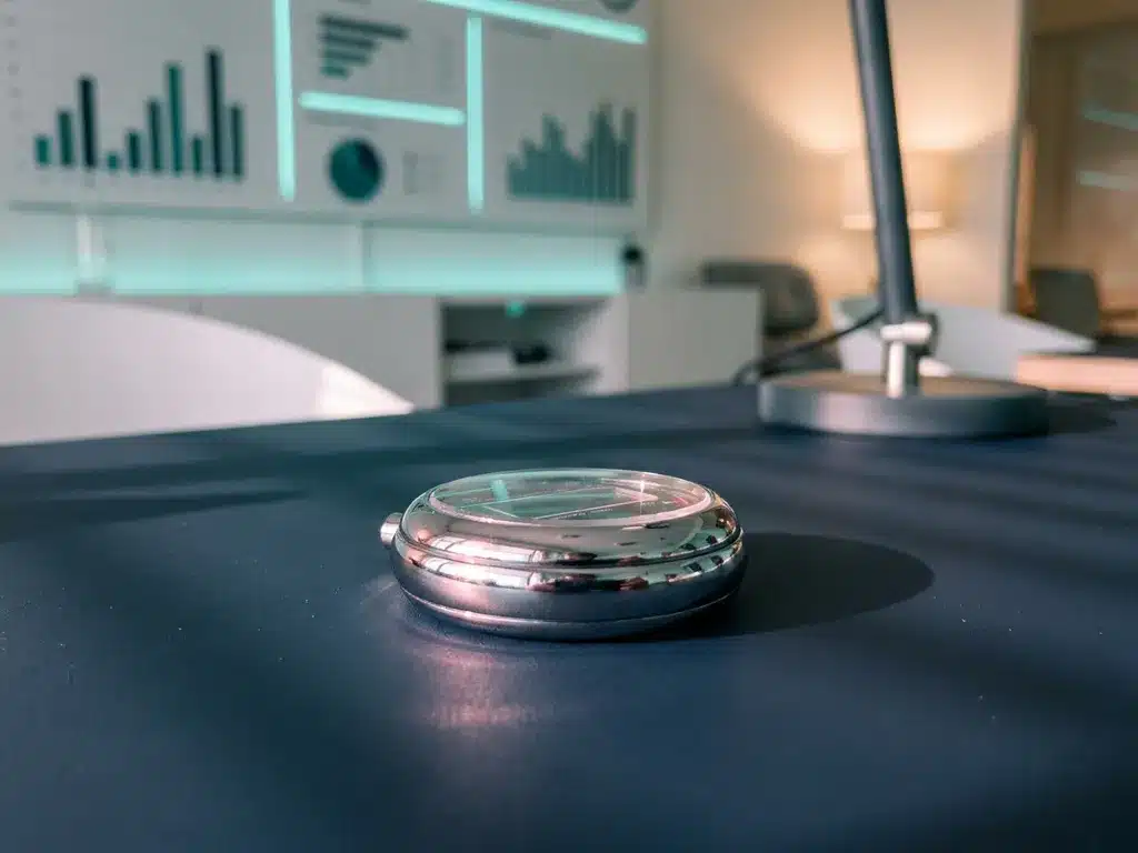 Moderne Stoppuhr aus poliertem Chrom auf dunklem Schreibtisch mit rosa Lichtreflexen und türkisen Akzenten
