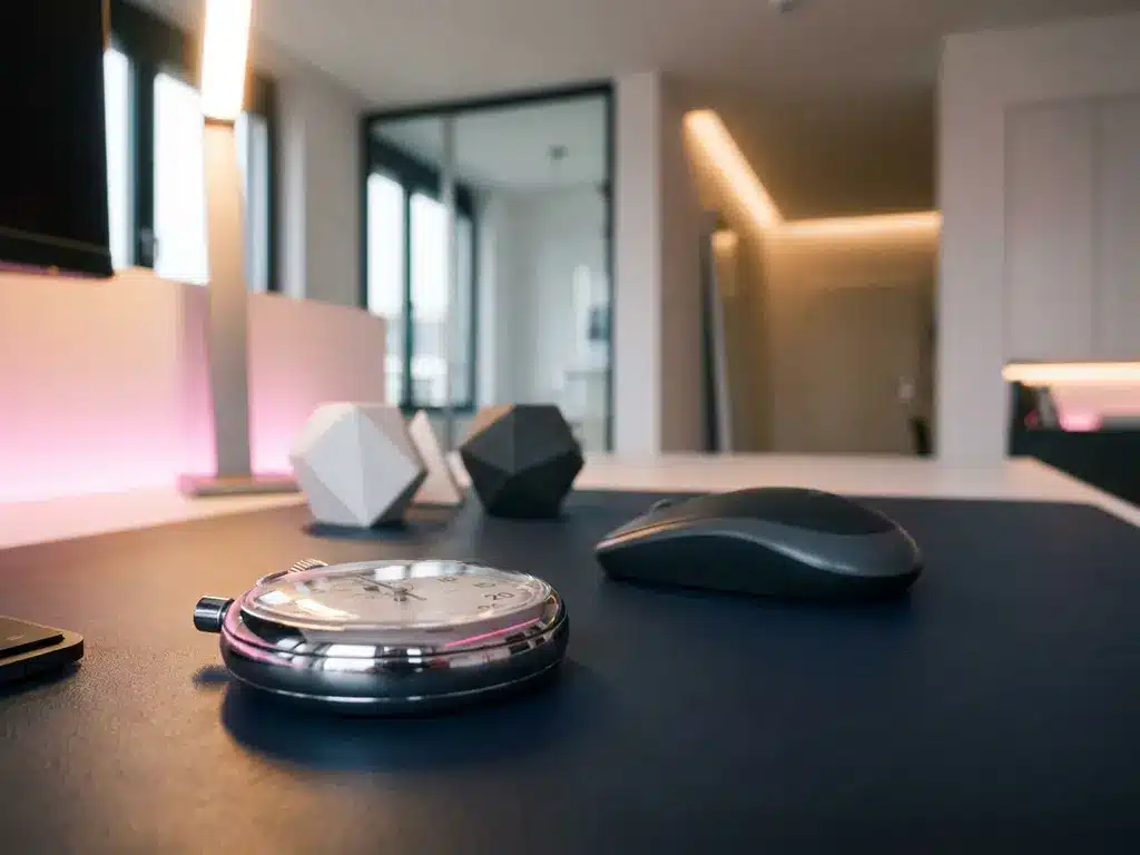 Silberne Stoppuhr auf dunklem Schreibtisch in modernem deutschen Büro mit rosa Akzentbeleuchtung