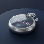 Silberne moderne Stoppuhr mit rosafarbenen Ziffern auf dunkelblauer Oberfläche, umgeben von geometrischen Formen in Türkis und Magenta