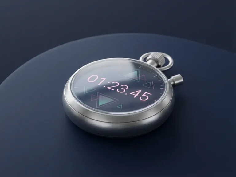 Silberne moderne Stoppuhr mit rosafarbenen Ziffern auf dunkelblauer Oberfläche, umgeben von geometrischen Formen in Türkis und Magenta