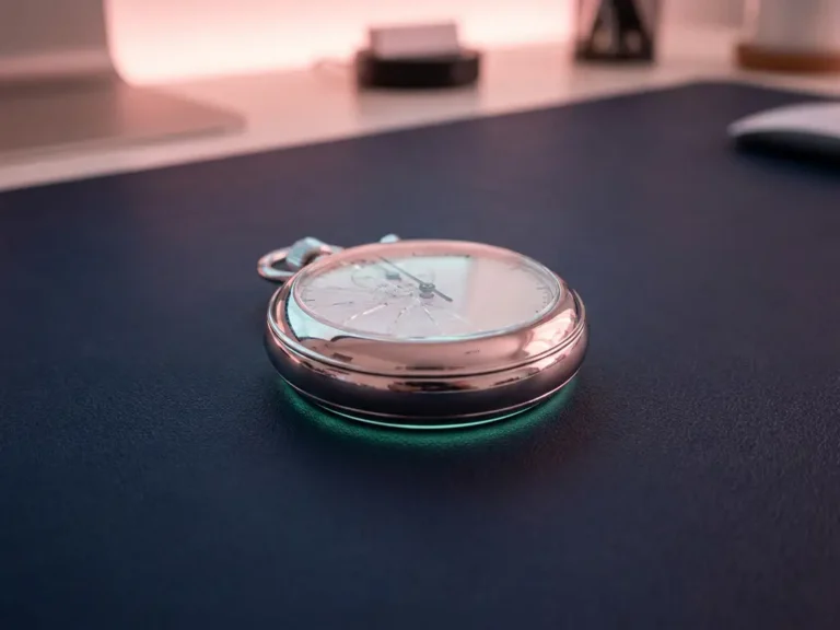 Moderne Stoppuhr mit gesprungener Glasfront auf dunkelblauem Schreibtisch, rosa Lichtreflexe auf Chromgehäuse, türkiser Schimmer