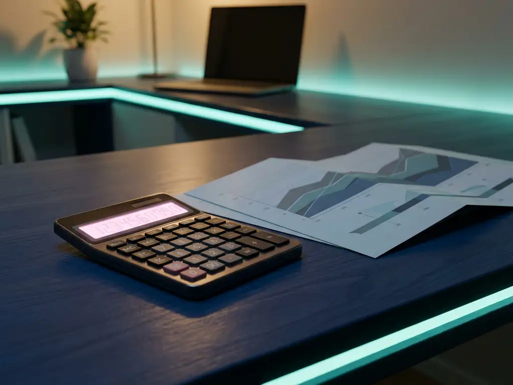 Eleganter Taschenrechner mit rosa beleuchtetem Display auf dunklem Schreibtisch neben geometrischen Projektdiagrammen