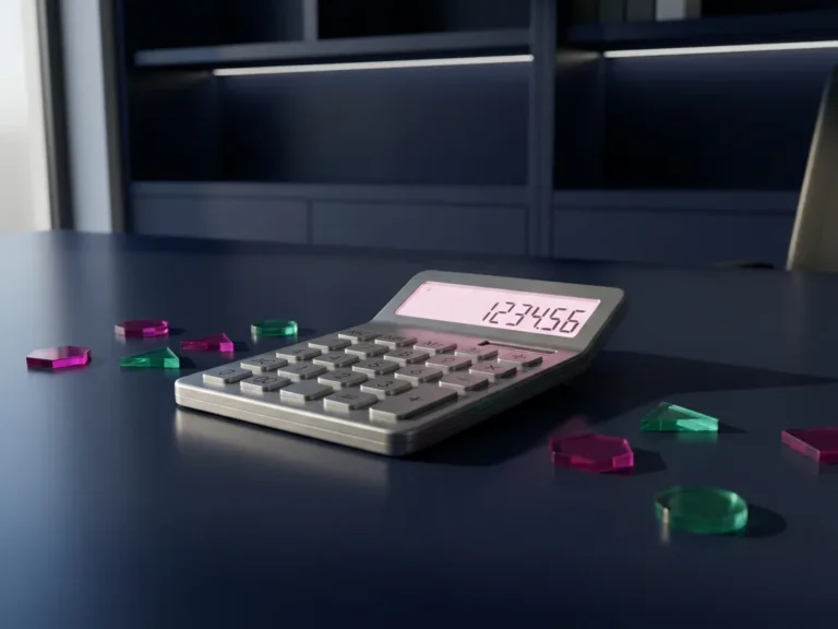 Taschenrechner mit rosa Display auf dunklem Schreibtisch umgeben von bunten geometrischen Planungssteinen