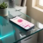 Smartphone mit Zeiterfassungs-App in rosa und magenta auf Glasschreibtisch, daneben kleine Sukkulente im modernen Büro