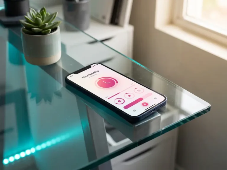 Smartphone mit Zeiterfassungs-App in rosa und magenta auf Glasschreibtisch, daneben kleine Sukkulente im modernen Büro