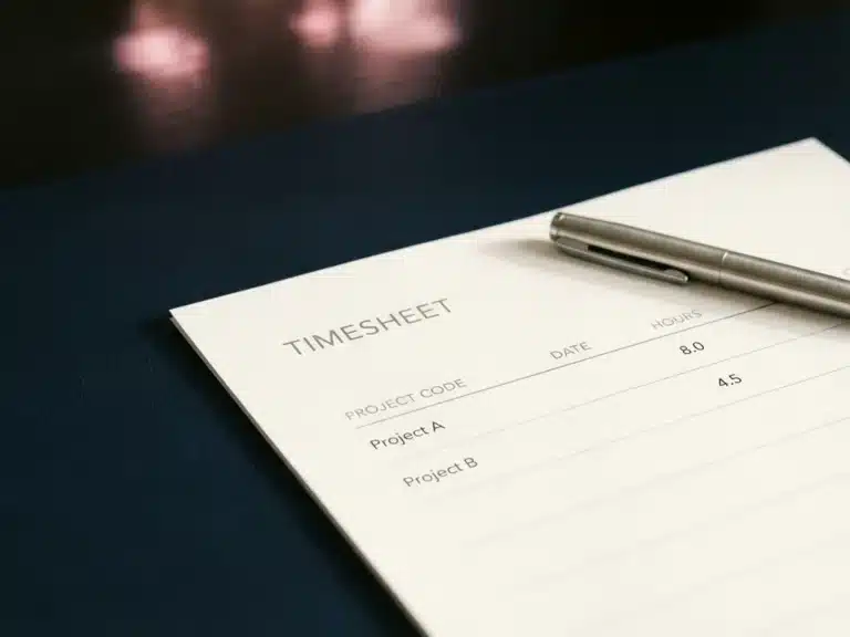 Modernes Stundenzettel-Dokument auf dunkelblauem Schreibtisch mit silbernem Stift und weichen Schatten