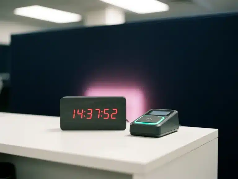 Digitale Uhr und Kartenleser auf weißem Schreibtisch mit marineblauem Hintergrund und rosa Akzentbeleuchtung