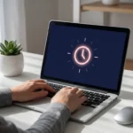 Laptop mit rosa Zeiterfassungs-Interface auf weißem Schreibtisch, Hände tippen auf Tastatur, Sukkulente daneben