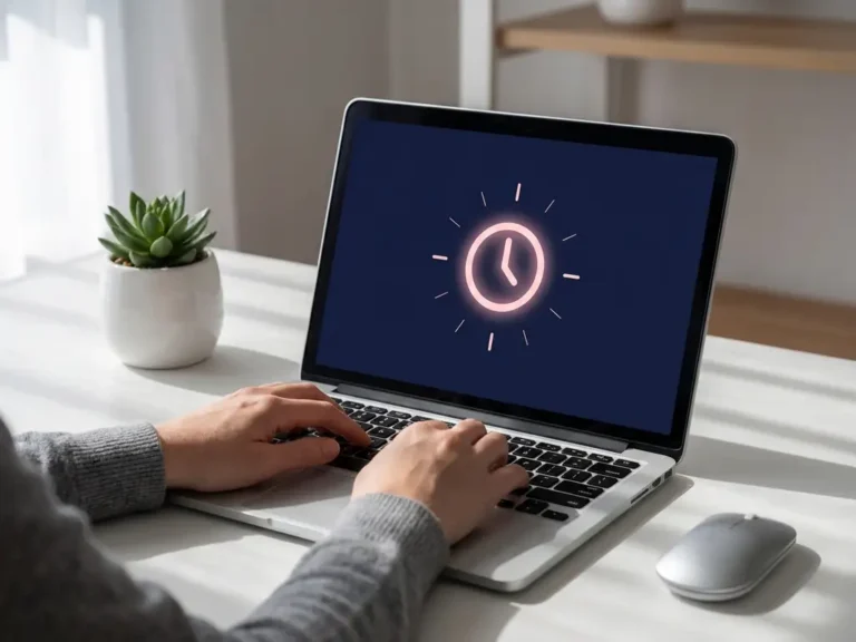 Laptop mit rosa Zeiterfassungs-Interface auf weißem Schreibtisch, Hände tippen auf Tastatur, Sukkulente daneben