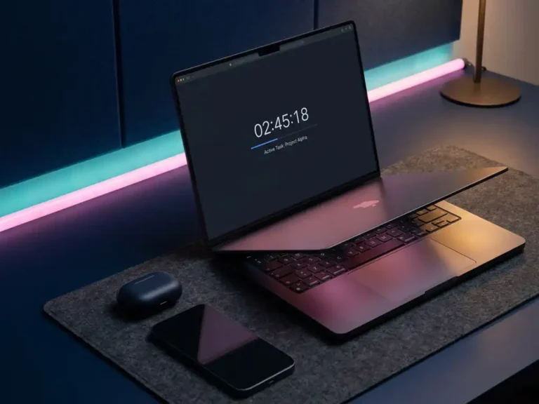 Moderner Laptop mit Zeiterfassungs-Interface auf minimalistischem Schreibtisch, umgeben von kabellosen Kopfhörern und Smartphone im Home-Office