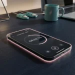 Smartphone mit Zeiterfassungs-App auf dunklem Schreibtisch in modernem deutschen Büro mit rosa Akzentbeleuchtung