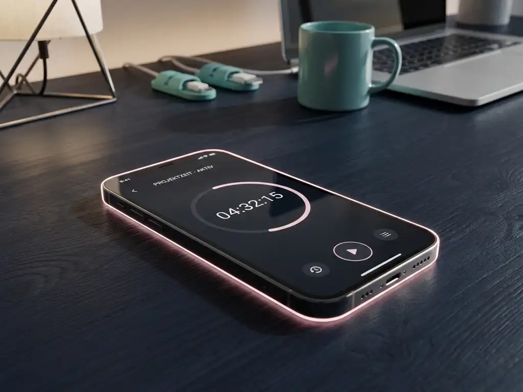 Smartphone mit Zeiterfassungs-App auf dunklem Schreibtisch in modernem deutschen Büro mit rosa Akzentbeleuchtung