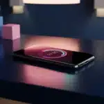 Smartphone mit leuchtender Zeiterfassungs-App auf dunklem Schreibtisch mit rosa Bildschirmlicht und modernem Büroambiente
