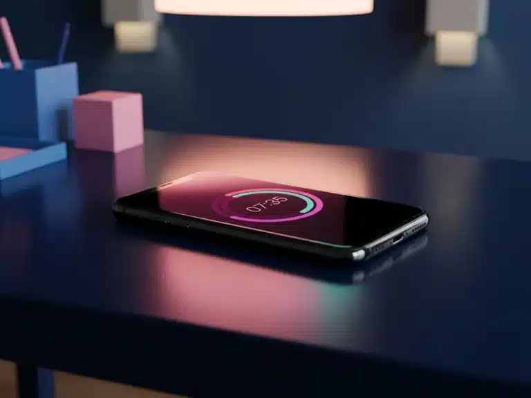 Smartphone mit leuchtender Zeiterfassungs-App auf dunklem Schreibtisch mit rosa Bildschirmlicht und modernem Büroambiente