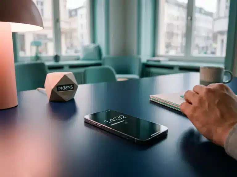 Modernes Smartphone mit Zeiterfassungs-App auf dunkelblauem Schreibtisch in deutschem Büro mit rosa Akzentbeleuchtung