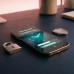 Smartphone mit Zeiterfassungs-App auf dunklem Schreibtisch, umgeben von Datenschutz-Symbolen wie Schloss und Schild