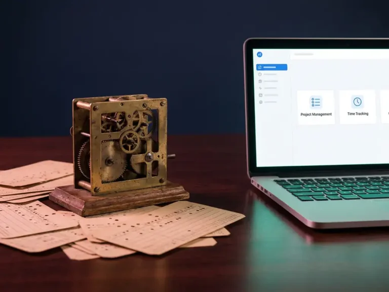 Vintage Messingzeitstempeluhr mit Stechkarten neben modernem Laptop auf dunklem Schreibtisch, warme Akzentbeleuchtung
