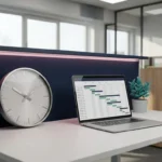 Moderne Wanduhr mit Metallzeigern neben aufgeklapptem Laptop auf weißem Schreibtisch in deutschem Büro mit marineblauem Hintergrund