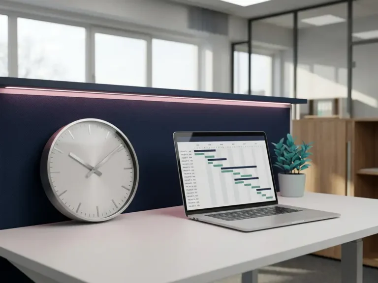 Moderne Wanduhr mit Metallzeigern neben aufgeklapptem Laptop auf weißem Schreibtisch in deutschem Büro mit marineblauem Hintergrund