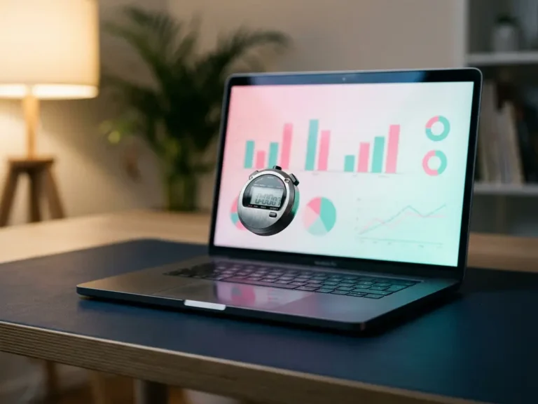 Stoppuhr schwebt über Laptop mit bunten Projektdiagrammen in rosa und türkis auf modernem Büroschreibtisch