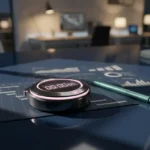 Moderne Stoppuhr mit rosa Akzenten auf dunklem Schreibtisch neben Projektplänen und türkisem Stift im Büro