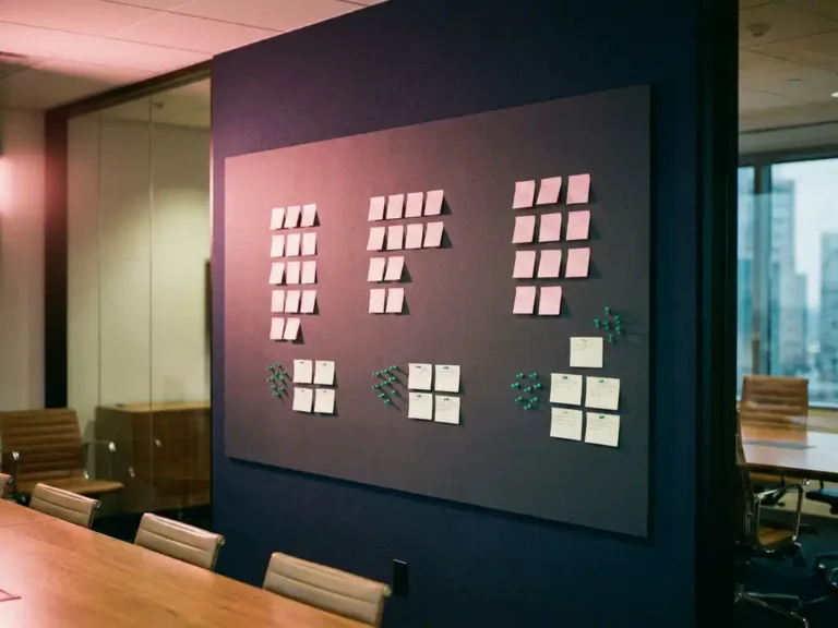 Minimalistisches Agile-Planboard mit rosafarbenen Sticky Notes in Sprint-Spalten und türkisen Markierungen an dunkelblauer Wand.