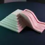 Zwei minimalistische Architekturmodelle – eine weiße Stufenpyramide und eine rosafarbene Rampenstruktur – auf dunkelblauem Untergrund mit Teal- und Magenta-Lichtakzenten.