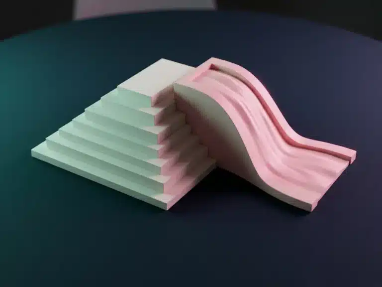 Zwei minimalistische Architekturmodelle – eine weiße Stufenpyramide und eine rosafarbene Rampenstruktur – auf dunkelblauem Untergrund mit Teal- und Magenta-Lichtakzenten.